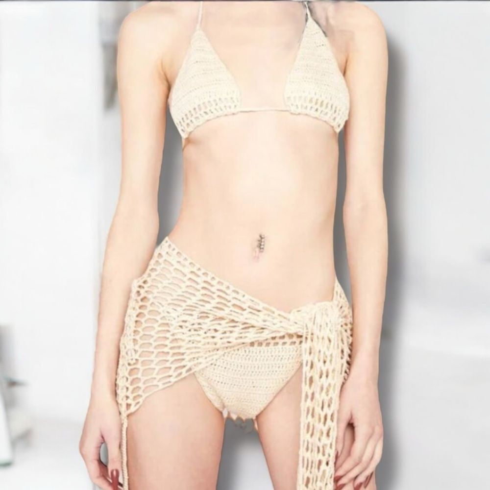 Beige Crochet Bikini and Sarong Wrap Summer Outfits 3 Pieces NEW